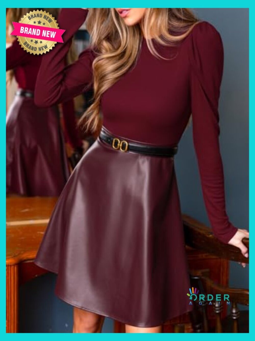 Ribbed Knit Faux Leather Puff Long Sleeve High Waist Mini Party Dress - Picture 6 of 7